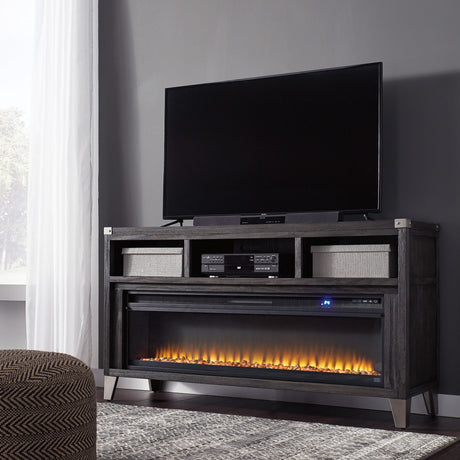 Meuble de télévision en bois et placage gris foncé avec foyer électrique - Todoe