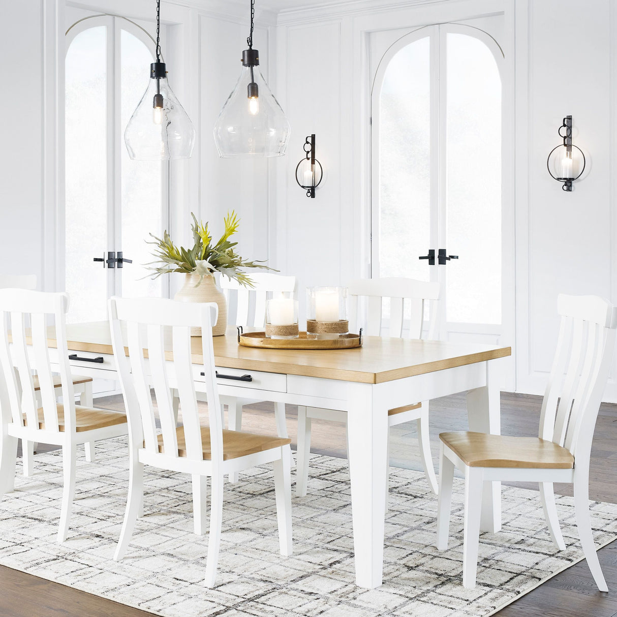 Table de salle à manger rectangulaire en bois brun blanc avec 2 tiroirs - Ashbryn