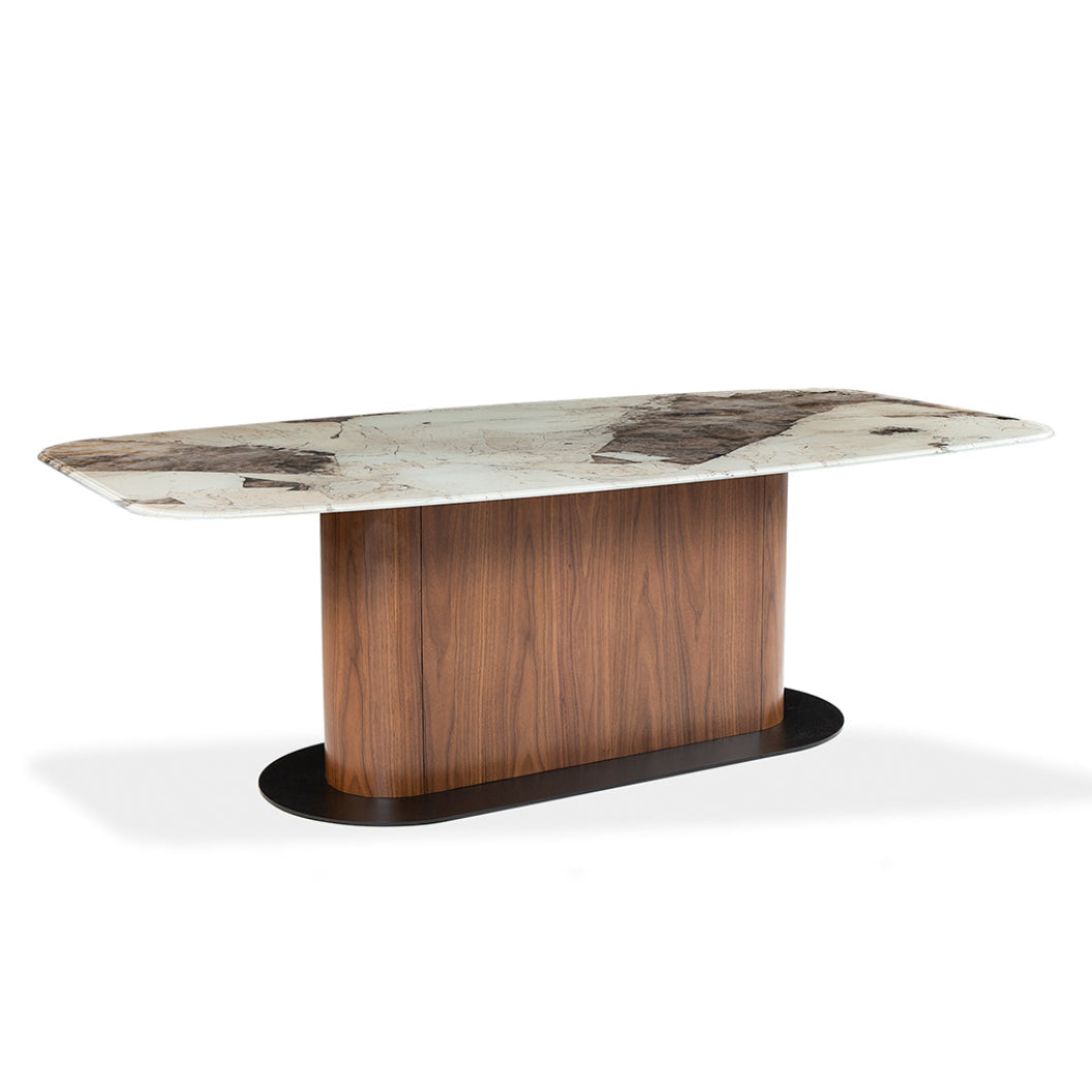 Table de salle à manger rectangulaire avec contour arrondi en verre et en bois - Luciano