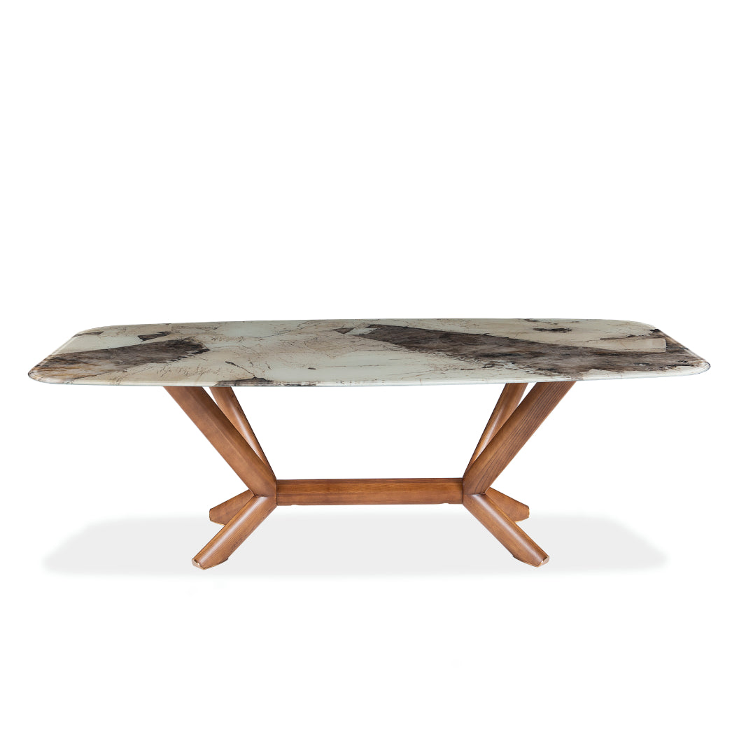 Table de salle à manger rectangulaire avec contour arrondi en verre et bois noyer - Samuel