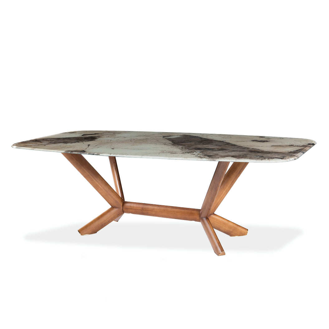 Table de salle à manger rectangulaire avec contour arrondi en verre et bois noyer - Samuel