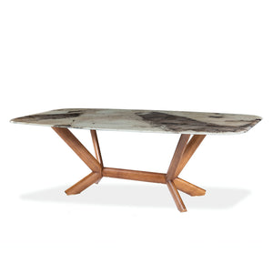 Table de salle à manger rectangulaire avec contour arrondi en verre et bois noyer - Samuel