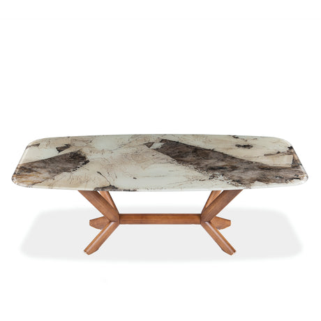 Table de salle à manger rectangulaire avec contour arrondi en verre et bois noyer - Samuel