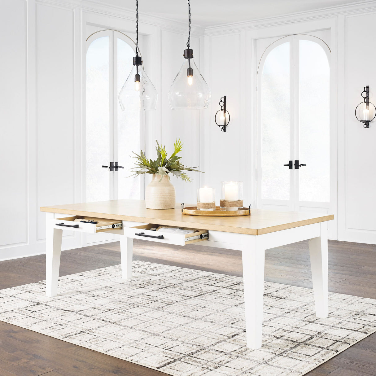 Table de salle à manger rectangulaire en bois brun blanc avec 2 tiroirs - Ashbryn