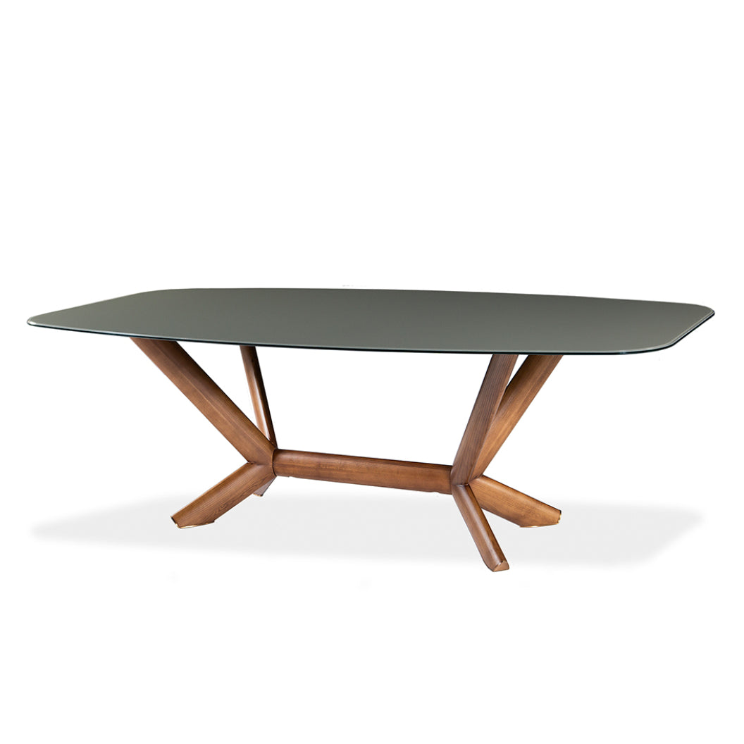 Table de salle à manger rectangulaire avec contour arrondi en verre et bois noyer - Samuel