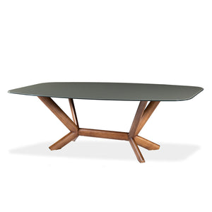 Table de salle à manger rectangulaire avec contour arrondi en verre et bois noyer - Samuel