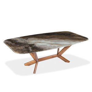 Table de salle à manger rectangulaire avec contour arrondi en verre et bois noyer - Samuel