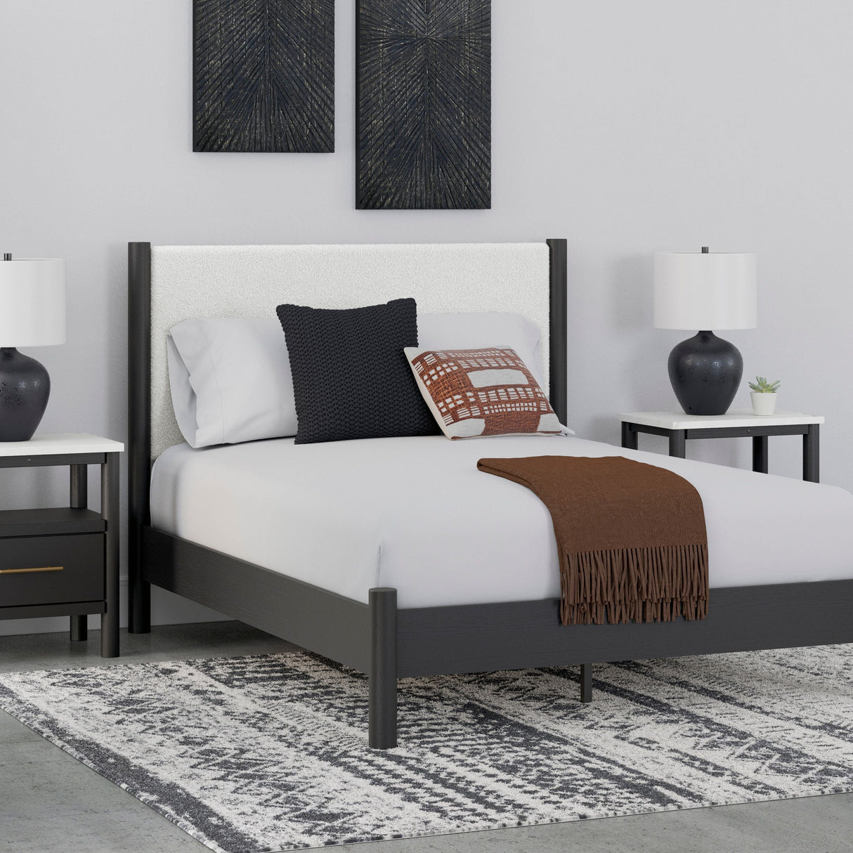 Lit  compet grand en bois noir et tissu blanc - Cadmori