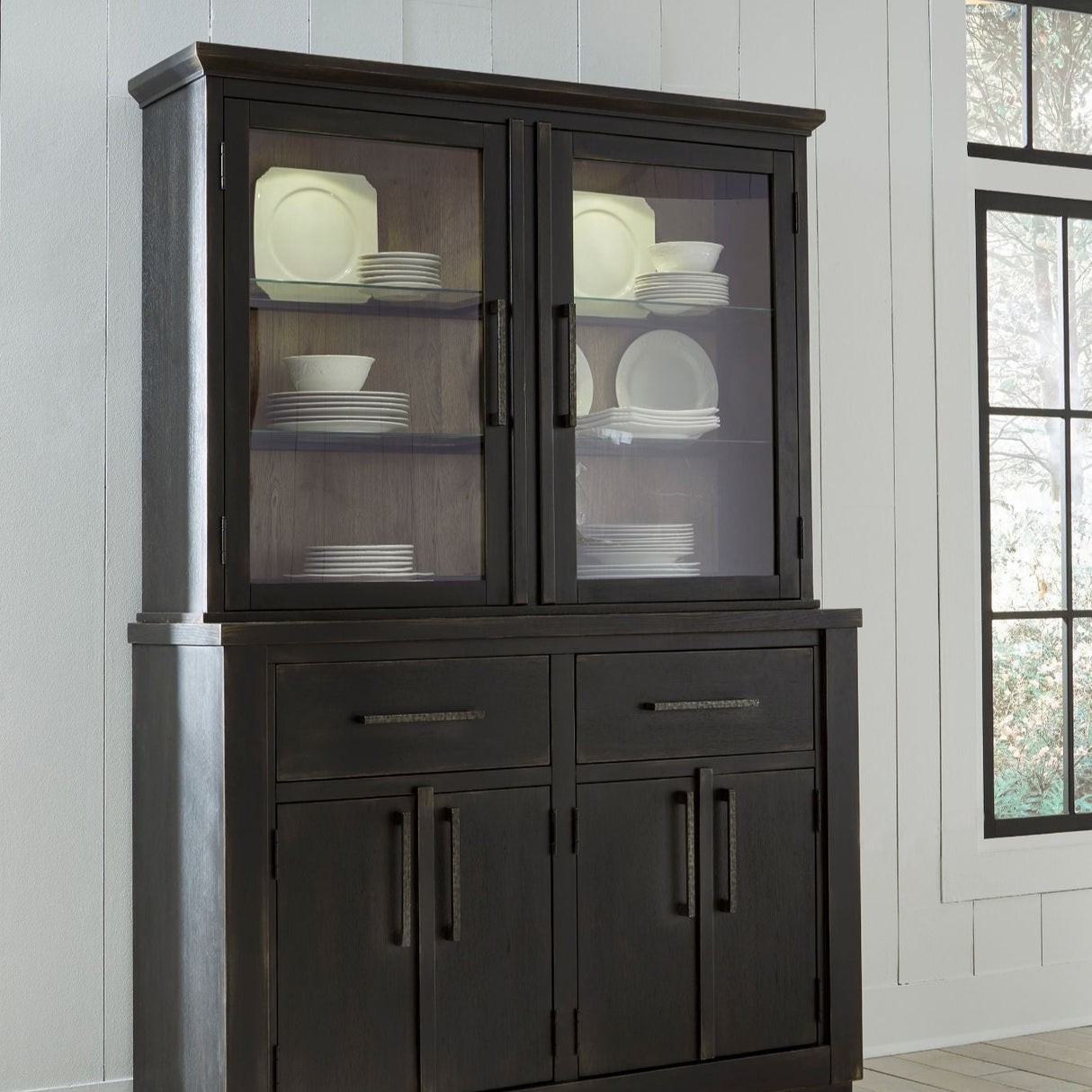 Huche de buffet en verre et bois noir 2 portes - Galliden