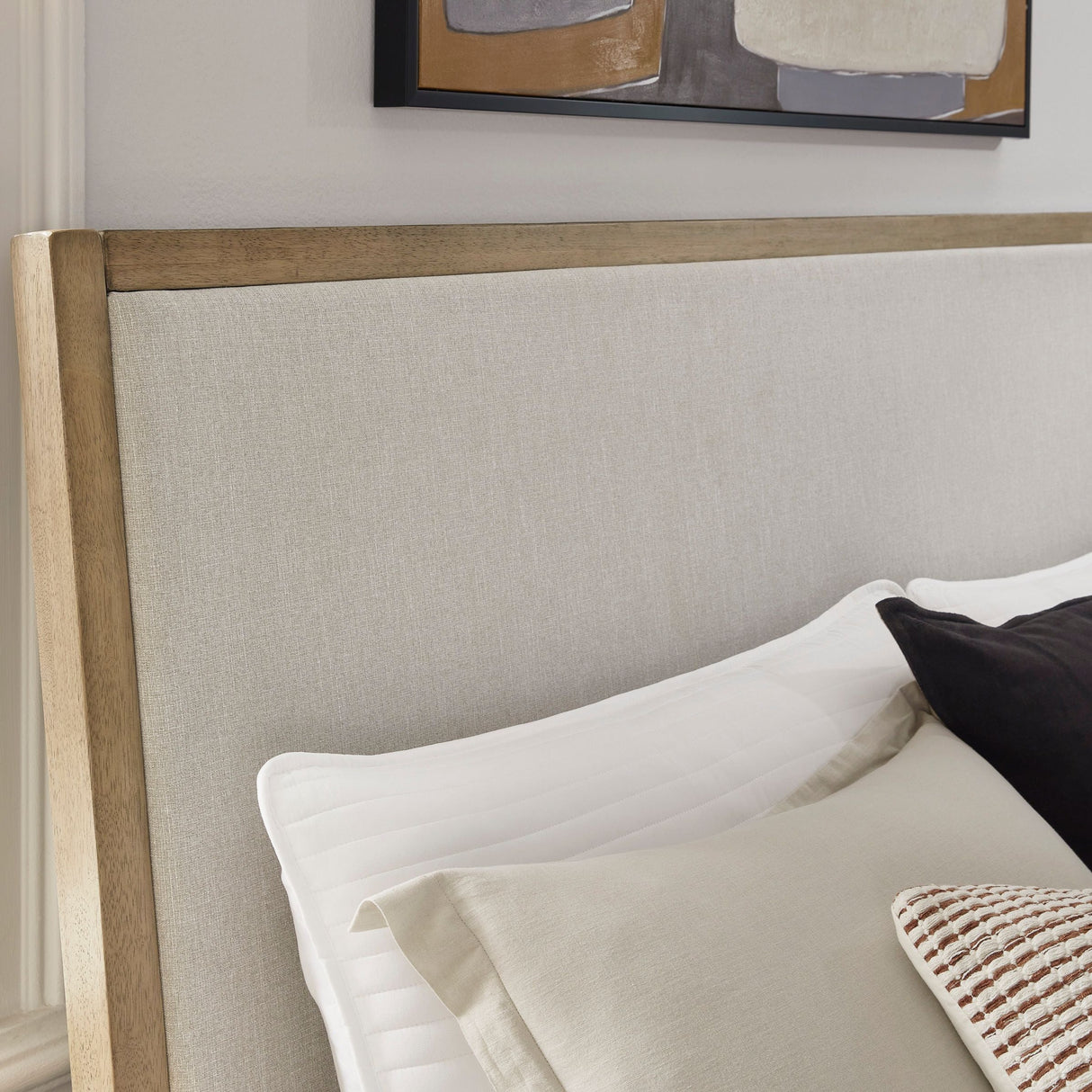 Lit  grand complet en bois brun tissu gris - Tomtyn