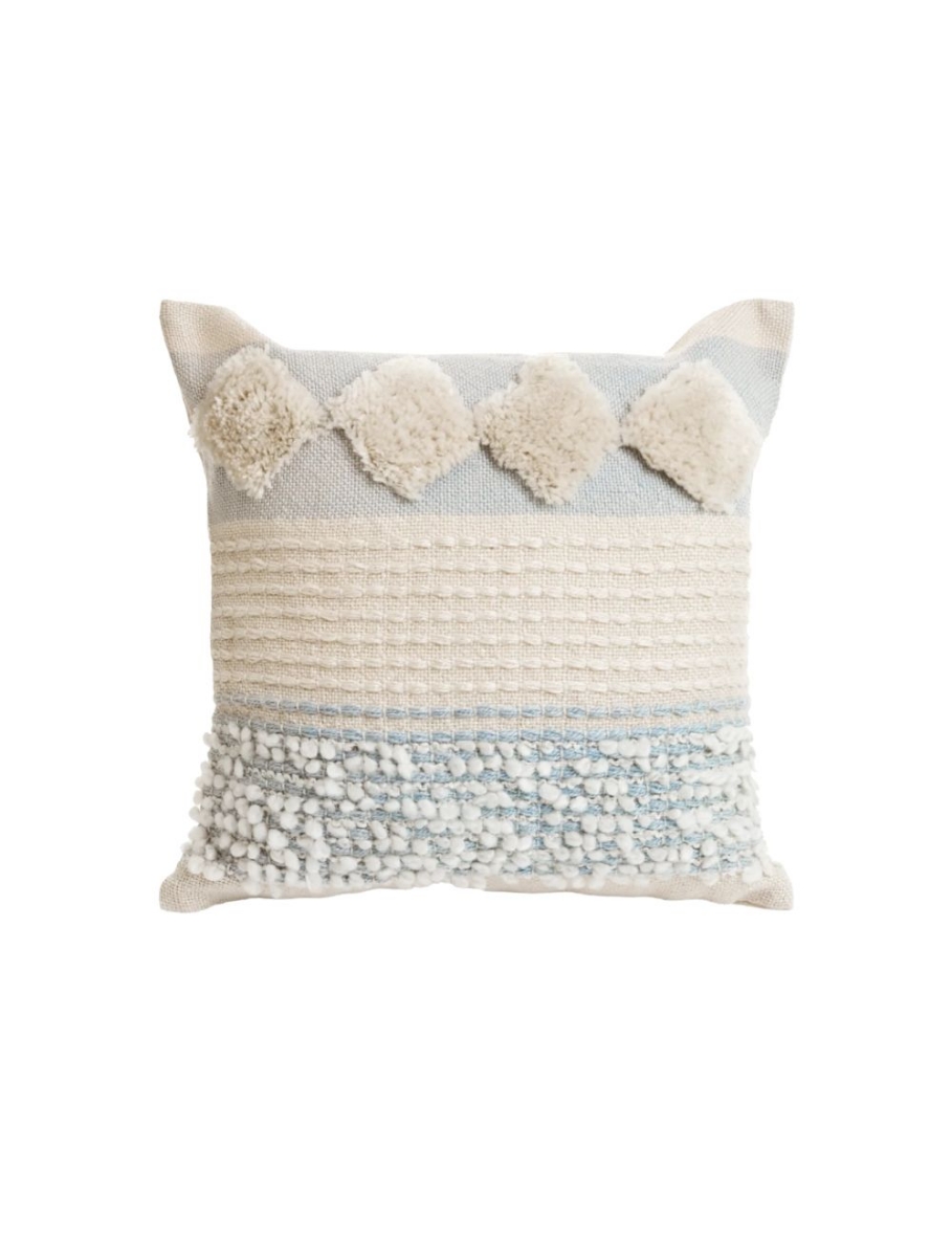 Coussin 18 x 18 po. en coton tissé naturel et bleu Bovi Home 1110012