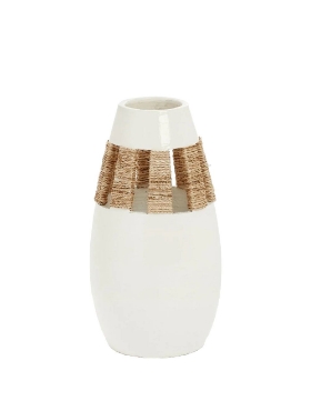 Vase en céramique blanche 8 x 16 po. avec des fibres naturelles Bovi Home 8390171